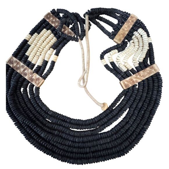 Vintage Tribal Multistrand Black White Beaded Necklace Carved Accents Southwest - Picture 1 of 8